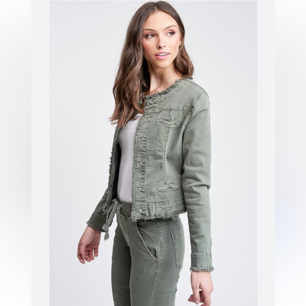 Denim Jean Jacket Fringe Denim Jacket  Army Faded Green Grey from Charlie B